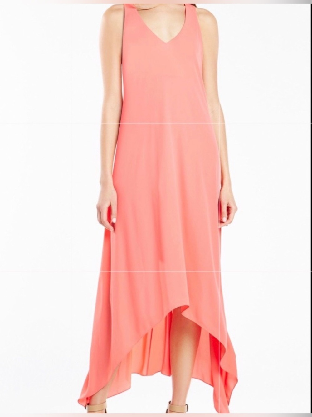 BCBGMaxAzria Ariell in Coral Reef Sleeveless V-Neck High-Low Dress size L